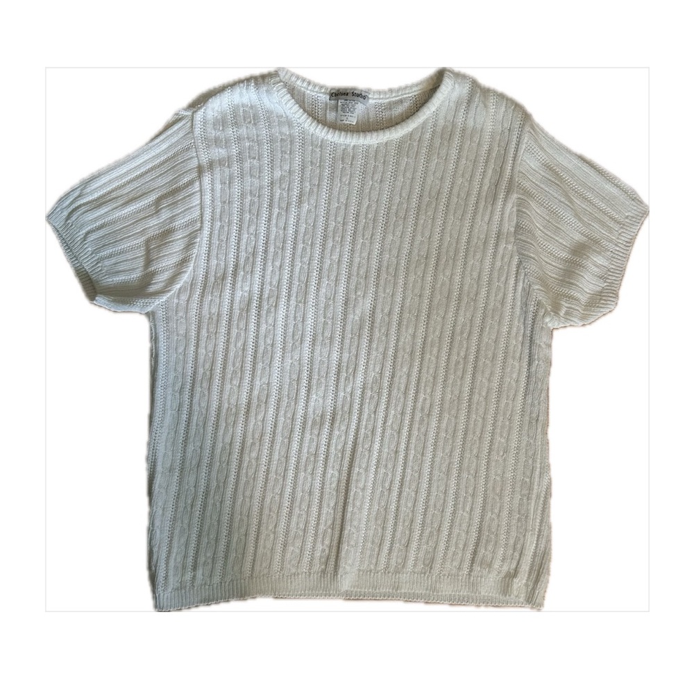 100% Cotton White Cable Knit Short Sleeve Sweater size XL Chelsea Studio Vintage